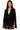 Woman wearing a black blazer with fringe details on a white background