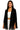 Woman wearing a black fringe jacket over a white top and pants on a white background
