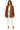 Model wearing mocha suede blazer with single button and fringe hemline