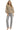 Model front view of taupe textured knit V-neck top with relaxed shape and light stretch.