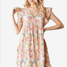 Blonde woman modeling a short floral dress with frill sleeves, ideal for summer casual wear.