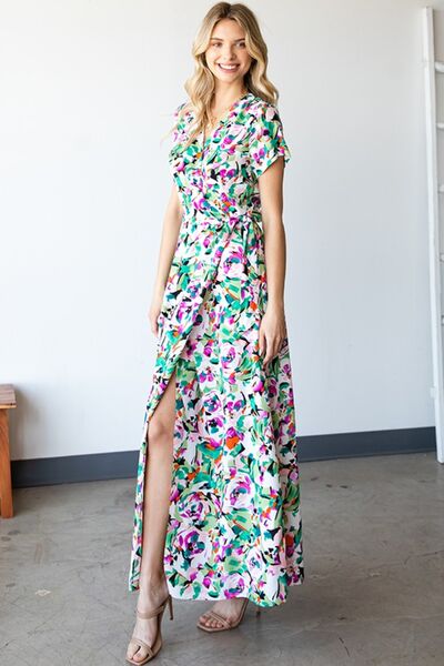 Side View of Printed Surplice Dress with Tie Waist
