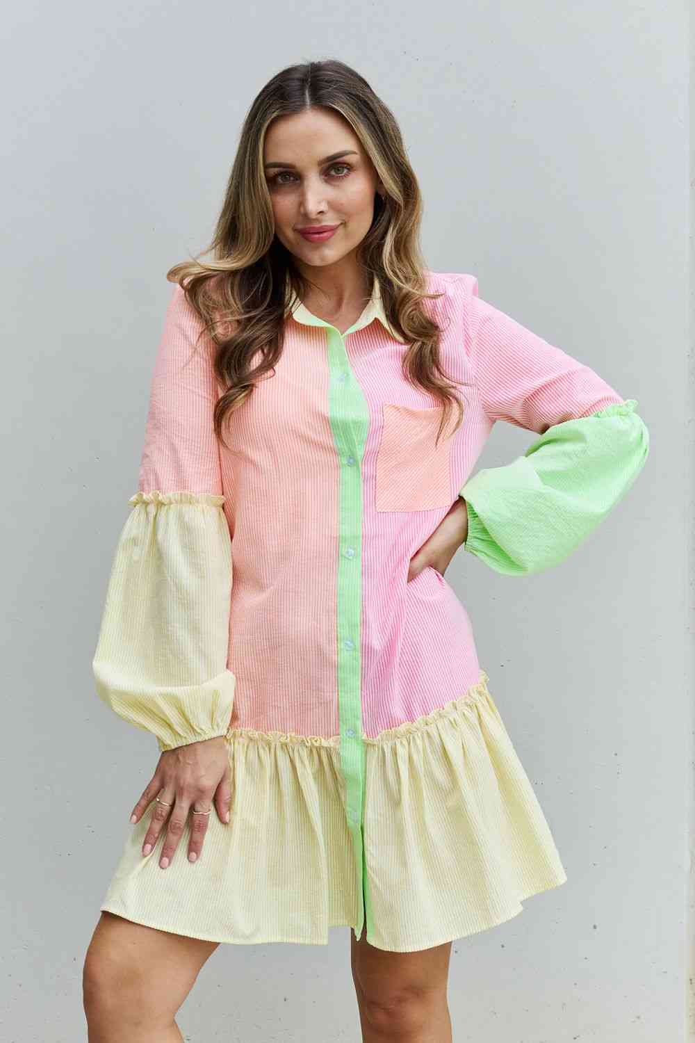 Flying Colors Full Size Colorblock Long Sleeve Shirt Dress