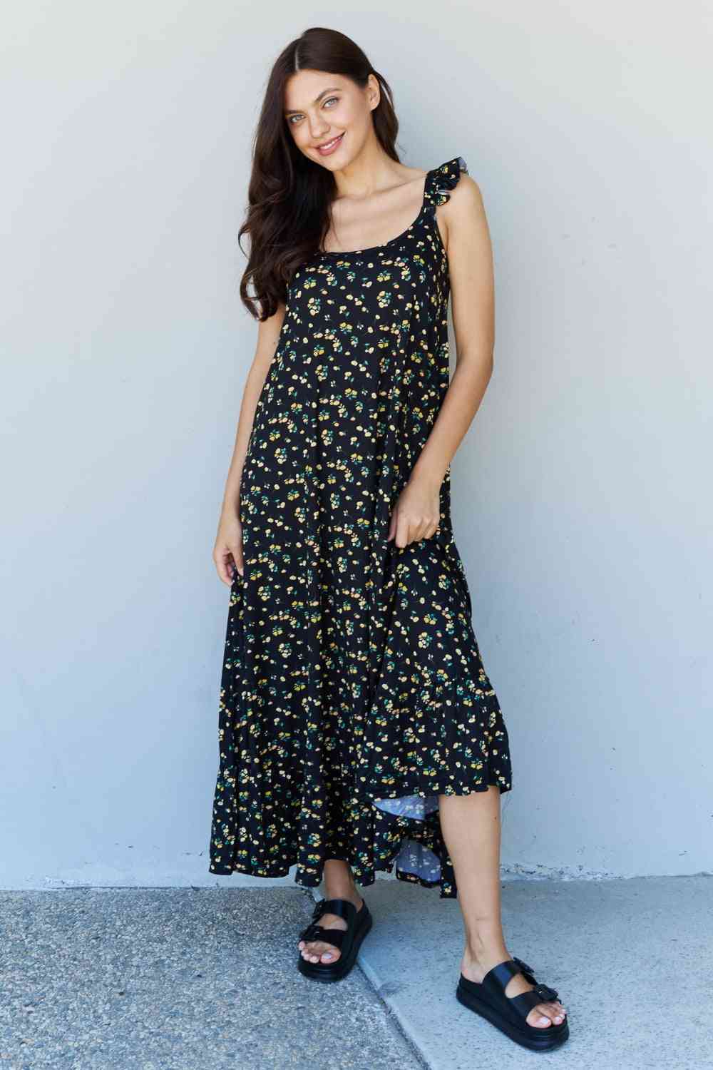 Elegant Floral Maxi Dress with Ruffle Straps
