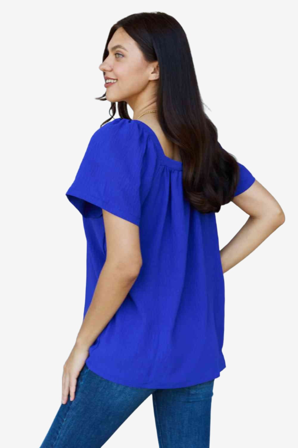 Keep Me Close Square Neck Short Sleeve Blouse in Royal