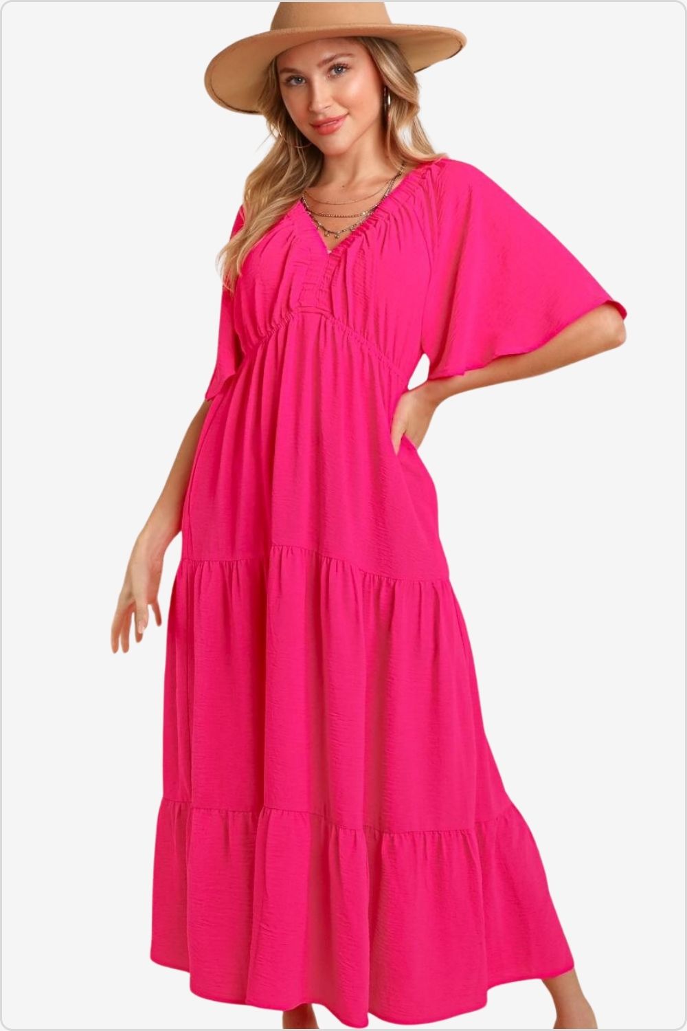 Charming front view of boho babydoll maxi dress with side pocket, Color Hot Pink