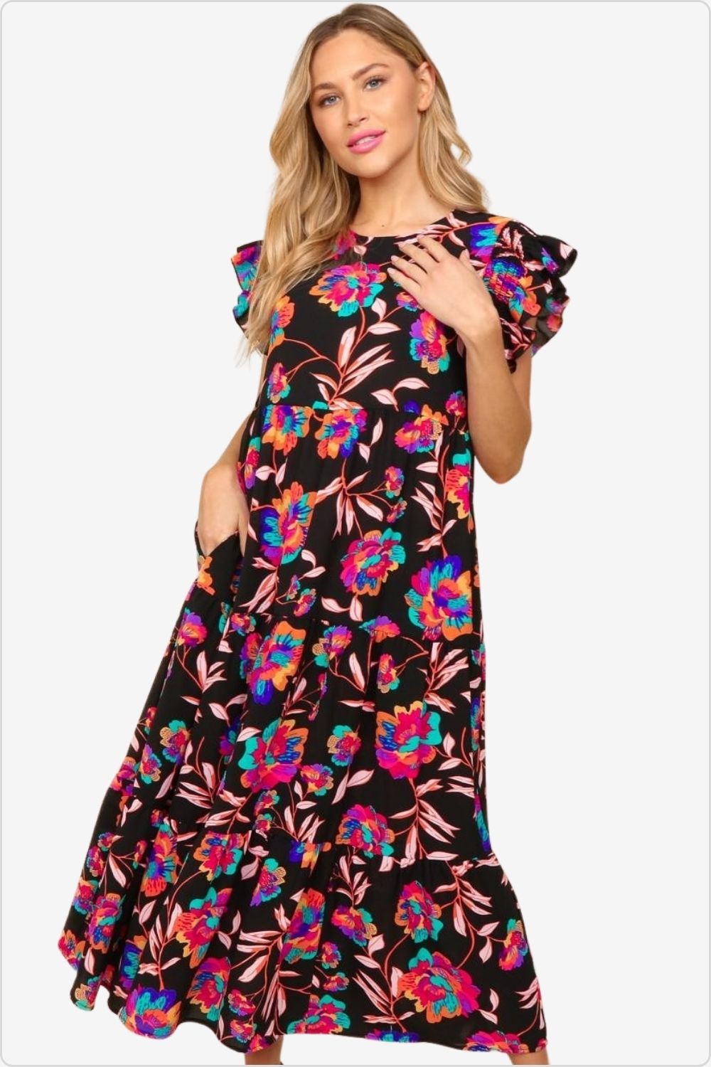 Elegant ruffled printed dress with cap sleeves and a round neckline, perfect for summer events, Color Black