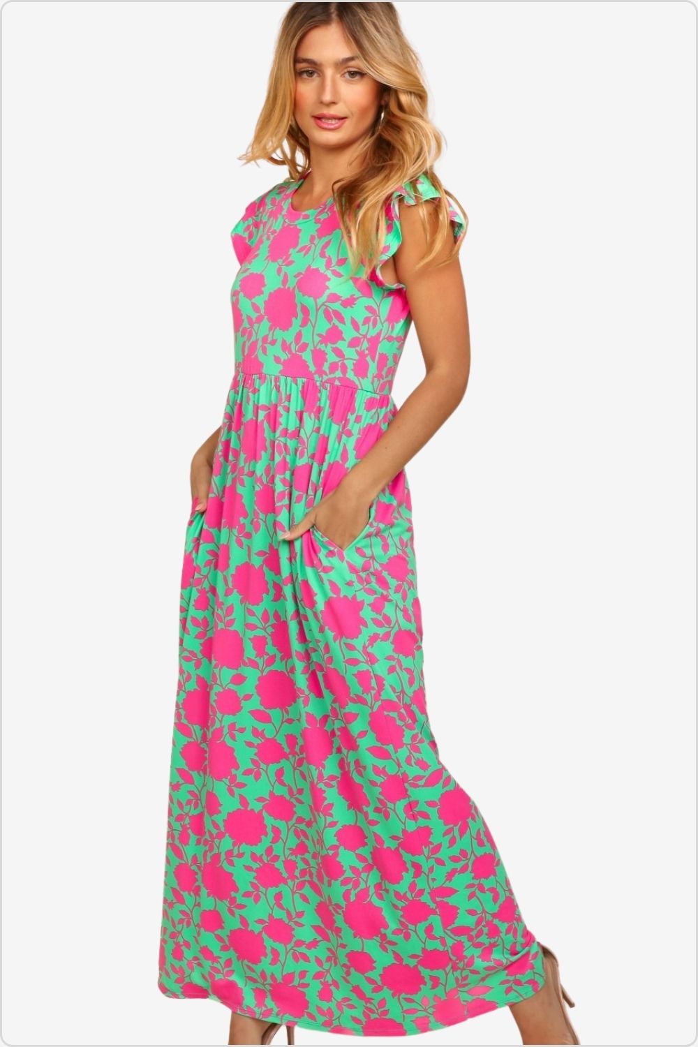 Colorful printed dress with ruffled cap sleeves, front view, Color Fuchsia-Mint