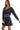 Side view of dark navy knit set, showing structured fit and flowing skirt.