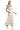 Side view of denim combo dress showing relaxed silhouette and binding trim.