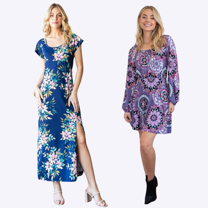 Two models in spring dresses: one in a side-slit navy floral maxi and the other in a purple patterned mini.