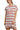 Women's dusty pink striped mini dress, front view showcasing the peace applique and trendy high-low hem.