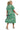 Back view of women's printed smocked cuff midi dress in Green, emphasizing the tiered silhouette.