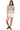 Women's striped knit sweater in mocha with ruffles and openwork, front view.