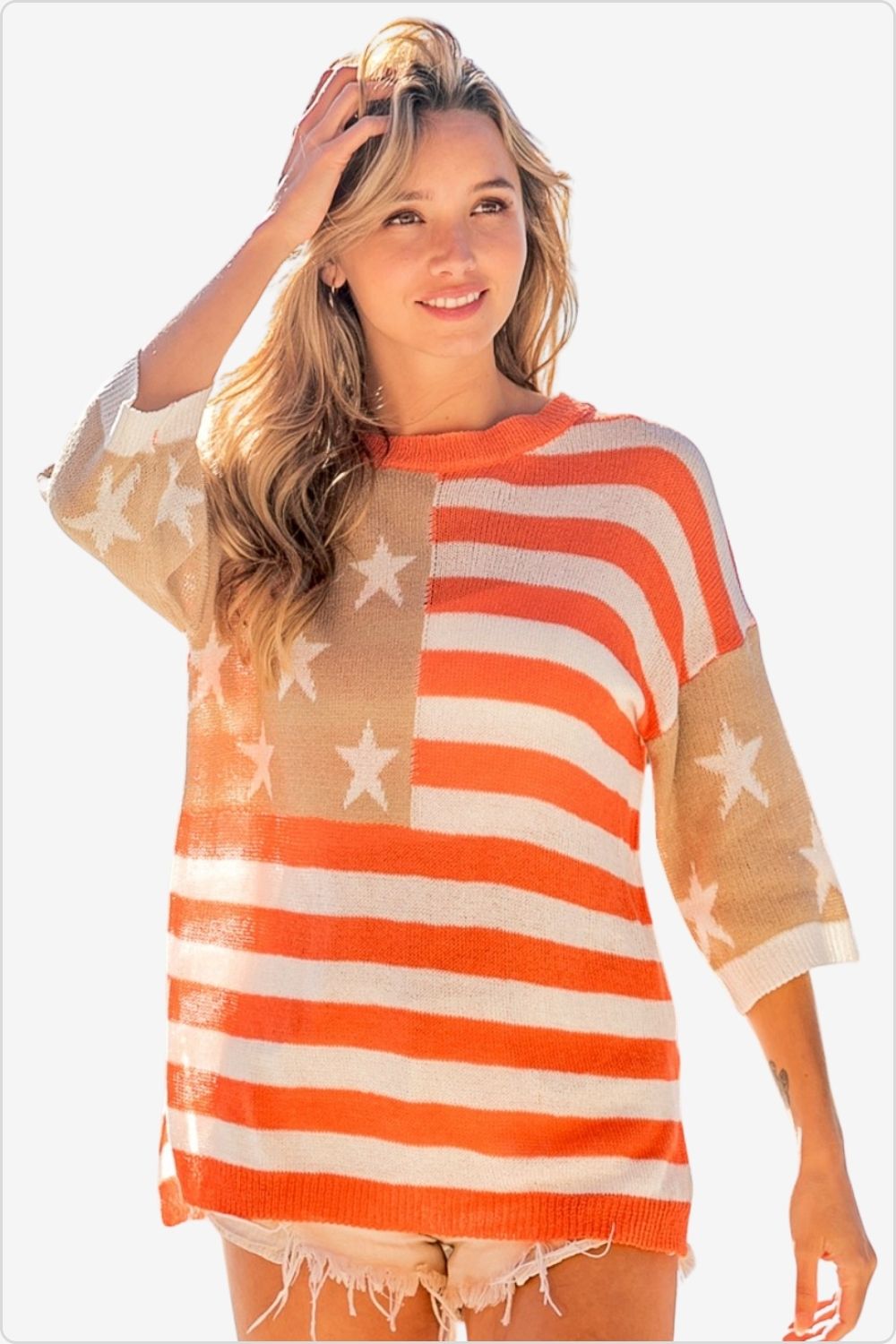 American Flag design on a stylish round neck knit top, perfect for showing patriotism, Color Mocha-Star
