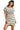 Women's gray striped mini dress with peace applique, front view showing the playful design and high-low hem.