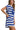 Side view of the royal blue striped mini dress, highlighting its sleek fit and slit hem.