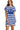 Women's royal blue striped mini dress, front view showcasing the playful peace applique and flattering high-low hem.