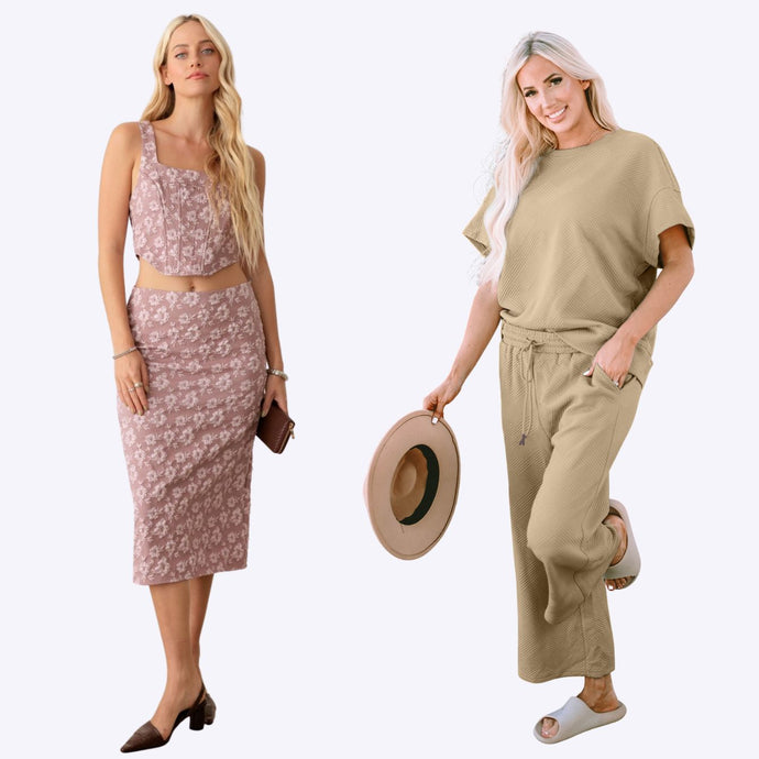 Two women displaying a two-piece set collection; one in a beige printed skirt set holding a hat, the other in a casual khaki ensemble.