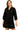 Main view of black babydoll dress with leopard print trim and ruched detail