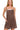 Front view of a  romper in  brown with side pockets and adjustable spaghetti straps