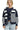 Front view of navy stripe cable knit cardigan showing button closure and ribbed hem.