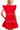 Red dress with white trim worn by a person on a white background