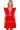 Woman wearing a red dress with white trim on a white background