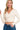 Front view of a cream ribbed crop pullover with a wrap style V neckline and long sleeves