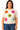 Woman wearing a cream sweater with colorful flower patterns on a white background