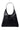 Front view of black faux leather tote bag with soft silhouette and subtle metal trim
