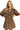 Main view of brown floral babydoll dress with tie neck and ruched bodice, laid flat