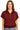 Woman wearing a maroon short-sleeve top with a zipper on a white background