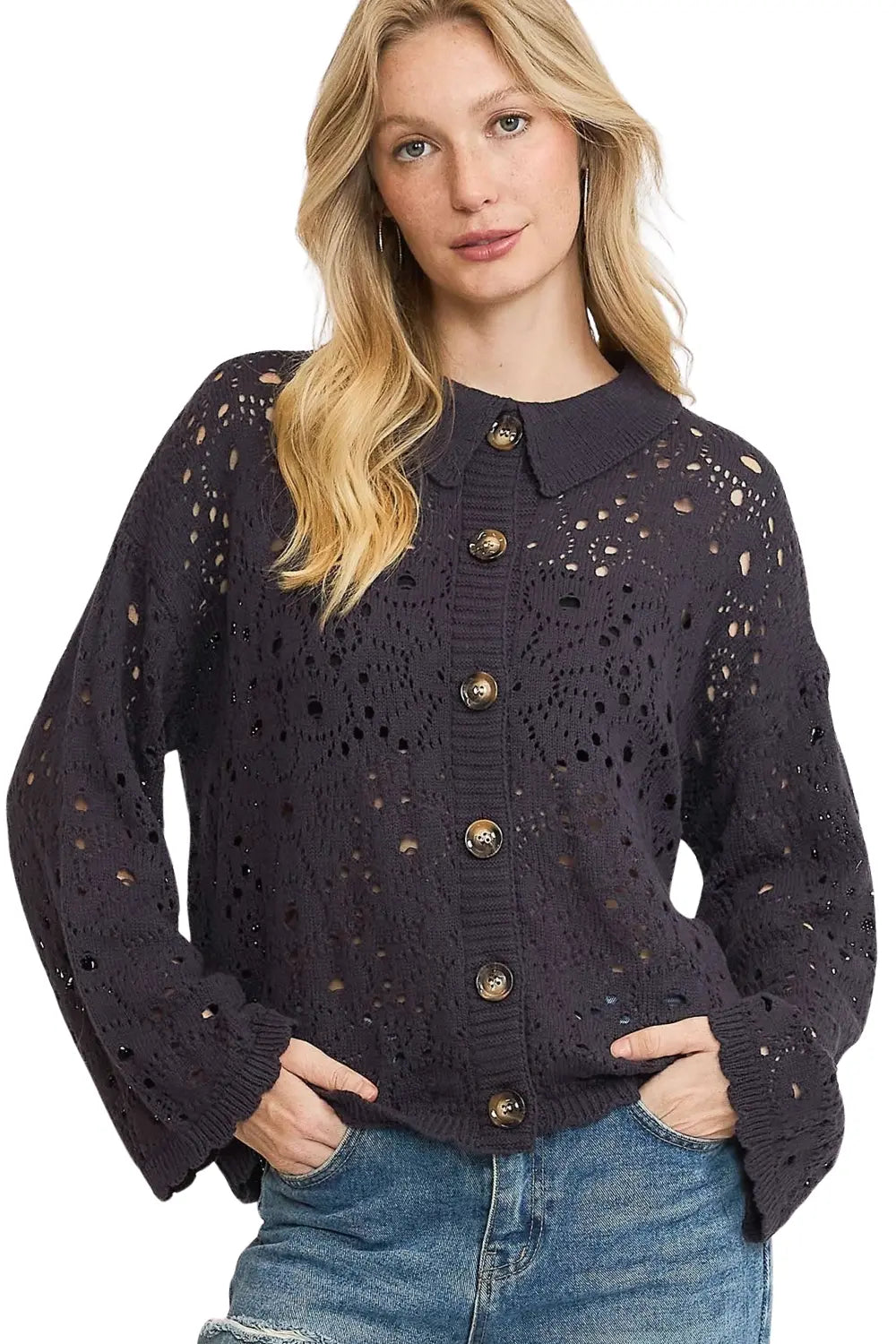 Eyelet Lace Cardigan with Openwork and Buttons – Avrier