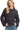 Main view of midnight hollow out cardigan with gold buttons and openwork knit