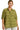 Main view of olive green jacquard shirt with heart pattern and frayed hem, soft lighting