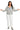 Woman wearing a heather gray jacket and white pants on a white background