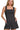 Front view of black denim romper with square neckline, tie back, and contrast seams.