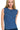 Front view of striped ribbed tank top, ruffle trim shoulders, fitted cut, and round neckline.