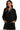 Woman wearing a black dress with decorative trim on a white background