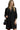Woman wearing a black dress with gold accents, holding a matching handbag on a white background