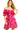 Front view of hot pink dress featuring paisley print and adjustable waist tie