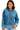 Woman wearing a blue denim jacket on a white background