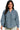 Main view of blue denim shirt jacket with paisley patchwork and oversized fit