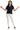 Model front view of navy lace short sleeve shirt with button front and pocket detail