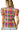 Woman wearing a colorful plaid shirt with puff sleeves on a white background