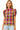 Woman wearing a colorful plaid top with puffed sleeves on a white background