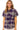 Woman wearing a plaid shirt with purple accents on a white background