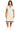 Front view of cream midi dress with navy trim and side slit in knit fabric