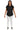 Model front view of black rayon round hem t-shirt with relaxed silhouette and short sleeves.